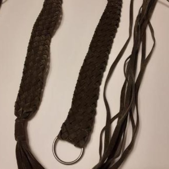 Brown Braided Woven Suede Leather Fringe Tie Belt - Picture 7 of 8